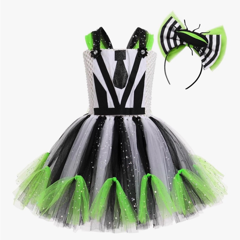NWT Girl’s Black and Green Striped Beetlejuice Tutu Costume Dress with Headband